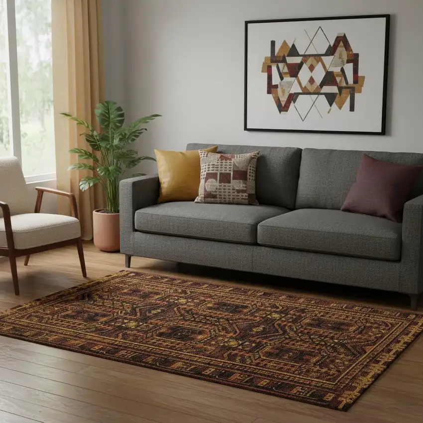 Rust And Black Geometric Washable Area Rug With UV Protection Photo 2