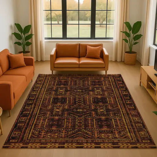 Rust And Black Geometric Washable Area Rug With UV Protection Photo 4