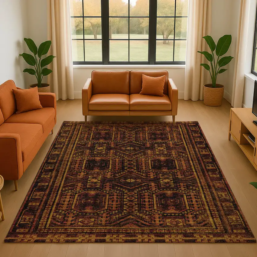 Rust And Black Geometric Washable Area Rug With UV Protection Photo 4