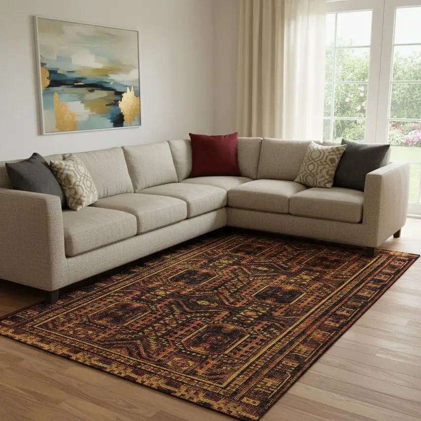 Rust And Black Geometric Washable Area Rug With UV Protection Photo 2