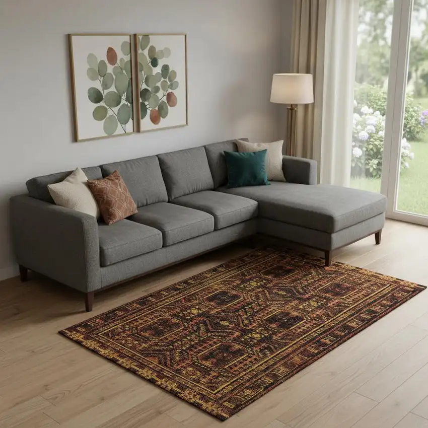 Rust And Black Geometric Washable Area Rug With UV Protection Photo 2