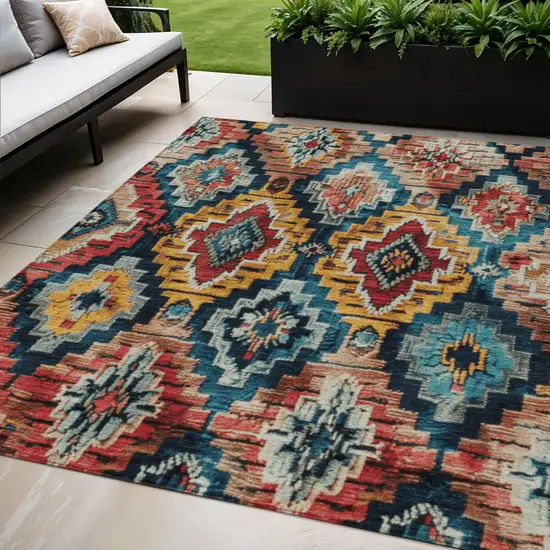 Rust And Blue Aztec Washable Indoor Outdoor Area Rug Photo 2