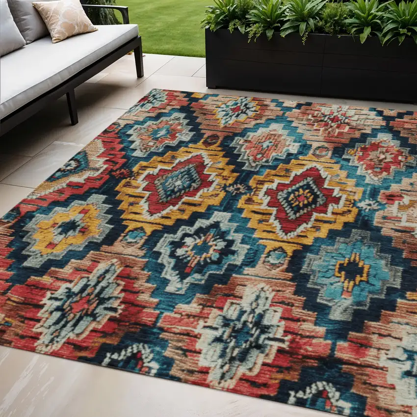 Rust And Blue Aztec Washable Indoor Outdoor Area Rug Photo 2
