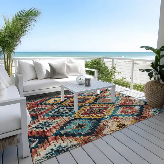 Rust And Blue Aztec Washable Indoor Outdoor Area Rug Photo 5
