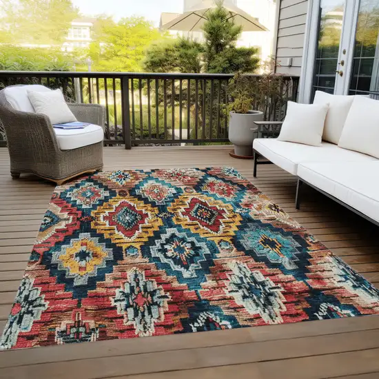 Rust And Blue Aztec Washable Indoor Outdoor Area Rug Photo 8