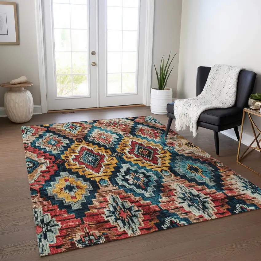 Rust And Blue Aztec Washable Indoor Outdoor Area Rug Photo 6