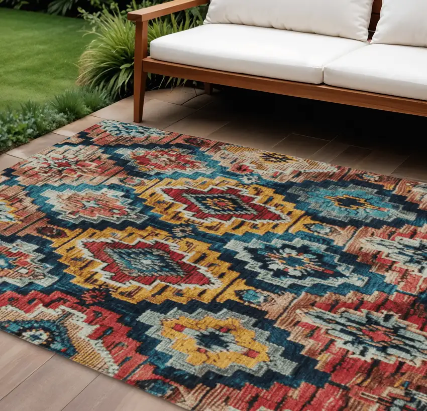 Rust And Blue Aztec Washable Indoor Outdoor Area Rug Photo 2