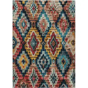 Photo of Rust And Blue Aztec Washable Indoor Outdoor Area Rug
