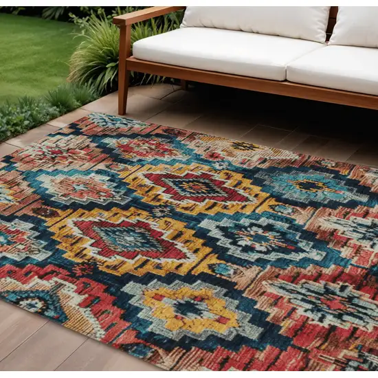 Rust And Blue Aztec Washable Indoor Outdoor Area Rug Photo 2