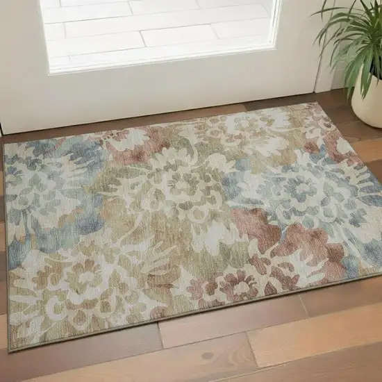 Rust And Blue Floral Washable Area Rug With UV Protection Photo 2