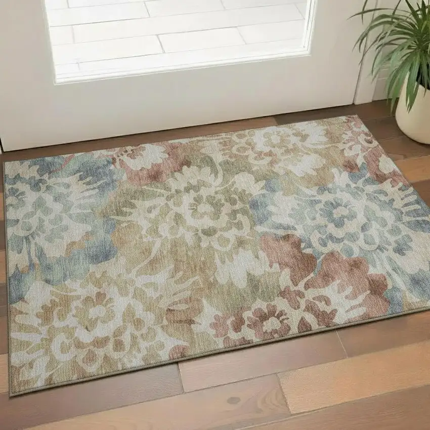 Rust And Blue Floral Washable Area Rug With UV Protection Photo 2