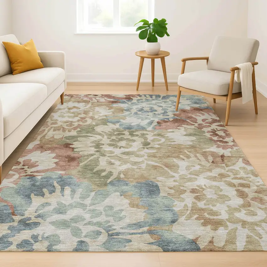 Rust And Blue Floral Washable Area Rug With UV Protection Photo 6