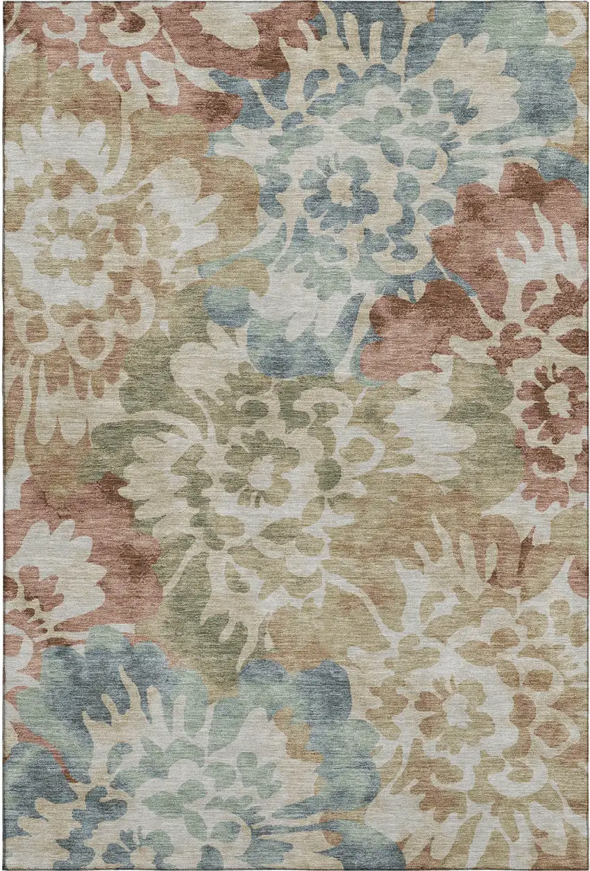 Rust And Blue Floral Washable Area Rug With UV Protection Photo 1