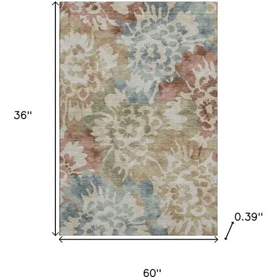 Rust And Blue Floral Washable Area Rug With UV Protection Photo 9