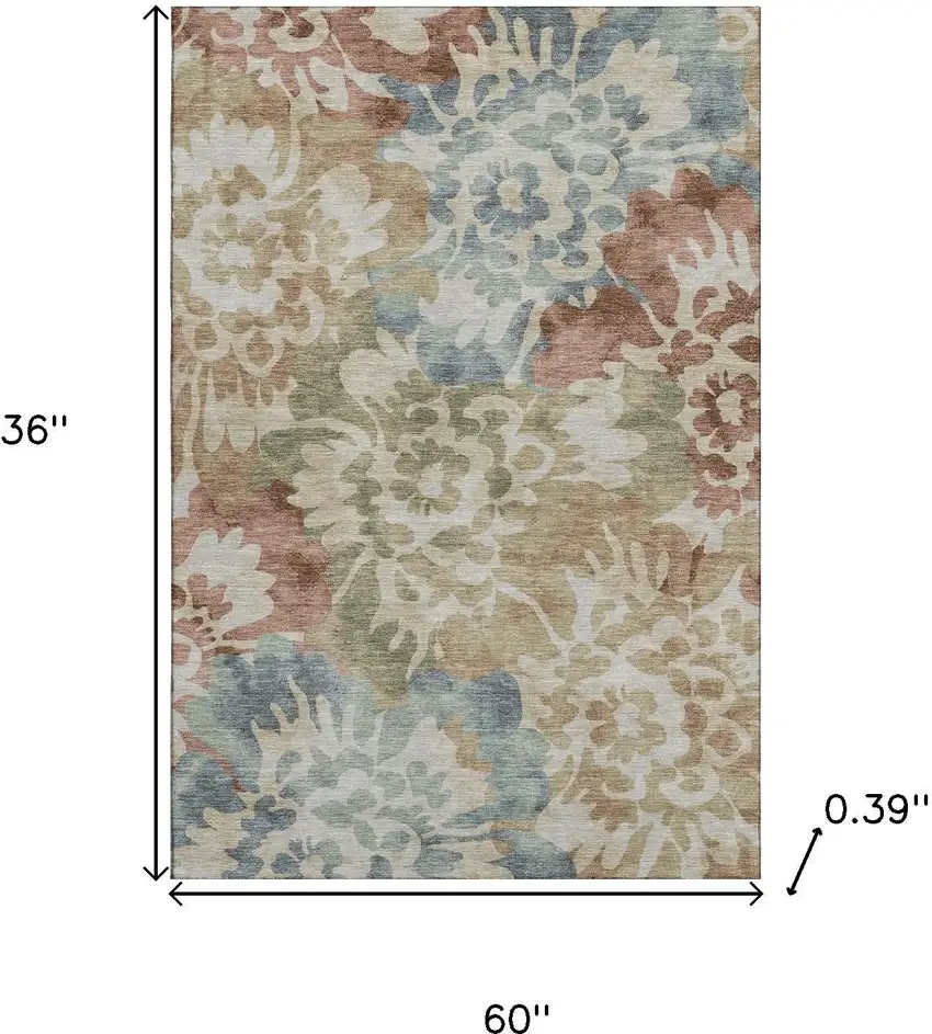 Rust And Blue Floral Washable Area Rug With UV Protection Photo 9