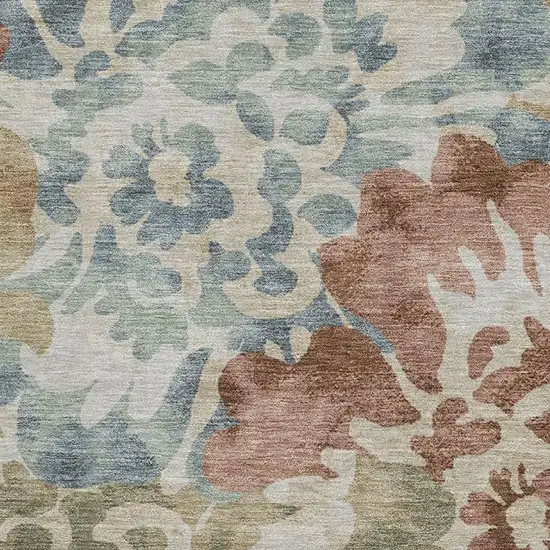 Rust And Blue Floral Washable Area Rug With UV Protection Photo 3