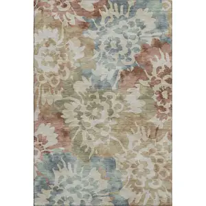 Photo of Rust And Blue Floral Washable Area Rug With UV Protection