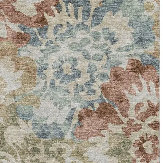 Rust And Blue Floral Washable Area Rug With UV Protection Photo 4