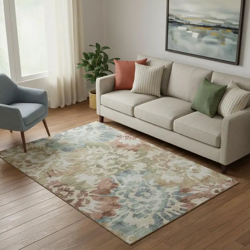 Rust And Blue Floral Washable Area Rug With UV Protection Photo 2