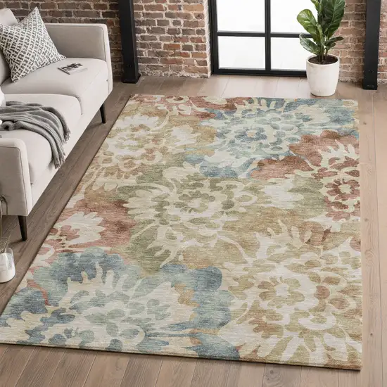 Rust And Blue Floral Washable Area Rug With UV Protection Photo 5