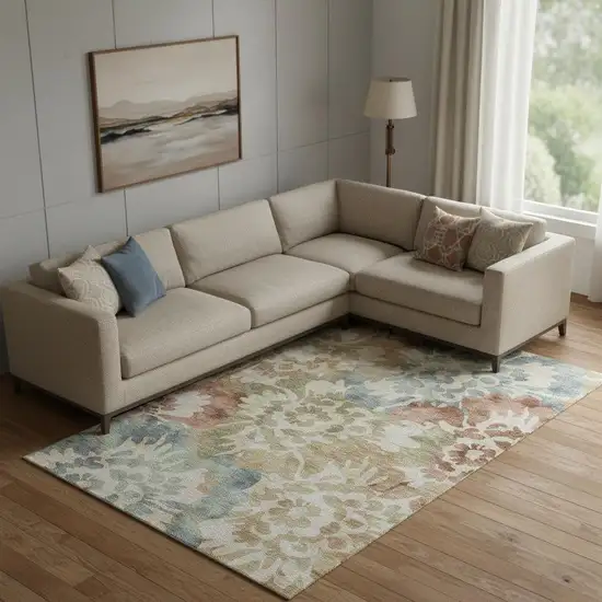 Rust And Blue Floral Washable Area Rug With UV Protection Photo 1