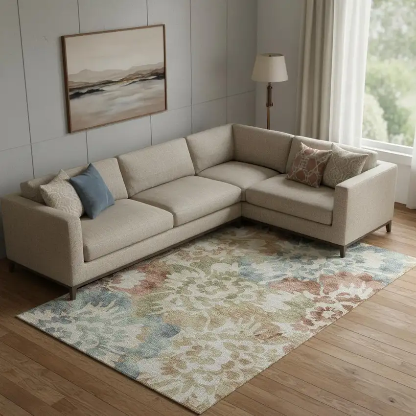 Rust And Blue Floral Washable Area Rug With UV Protection Photo 1