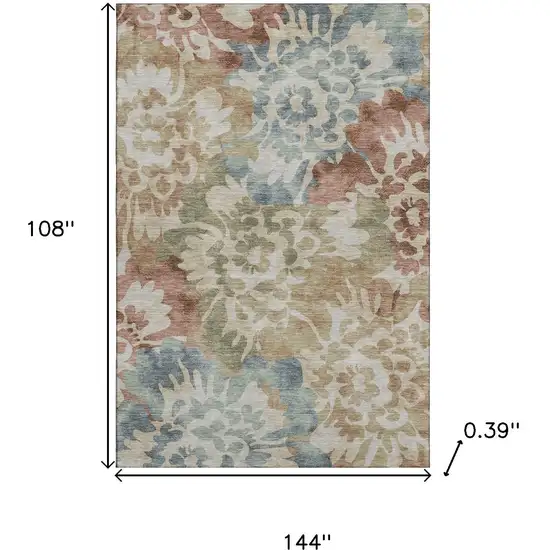 Rust And Blue Floral Washable Area Rug With UV Protection Photo 9