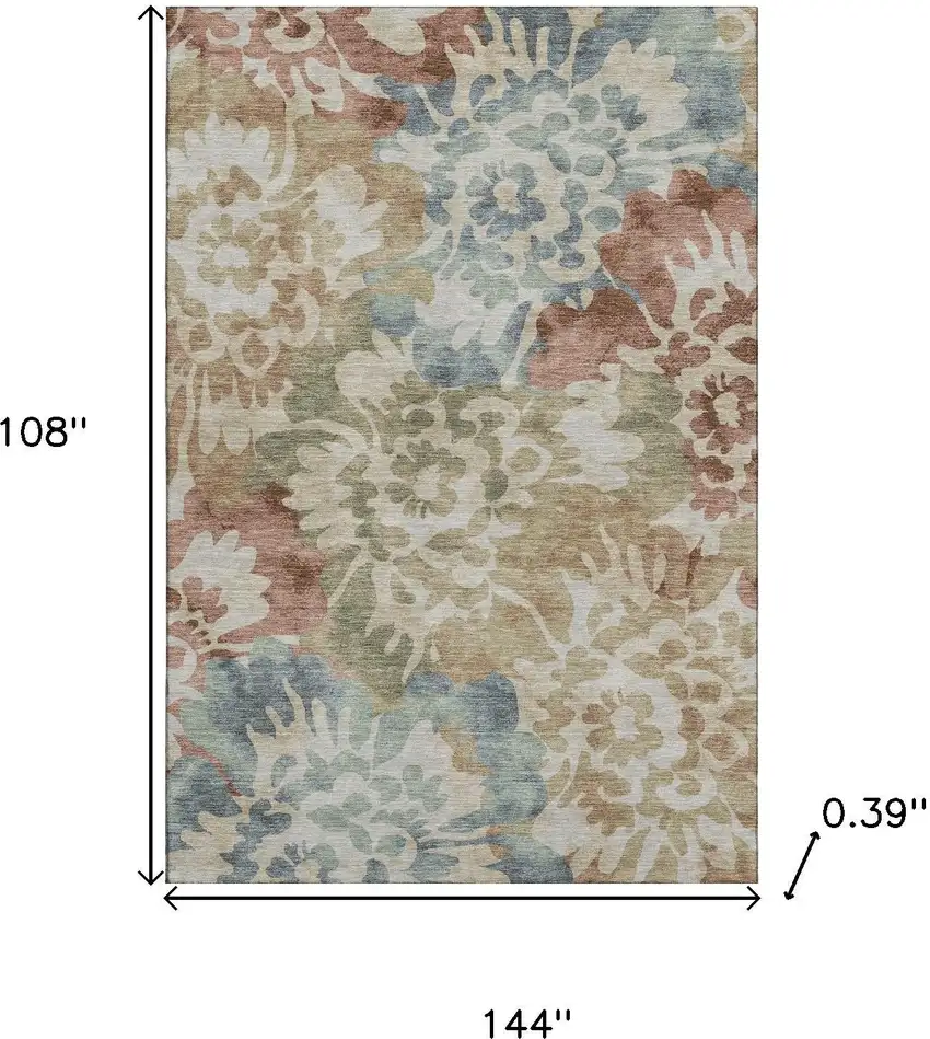 Rust And Blue Floral Washable Area Rug With UV Protection Photo 9