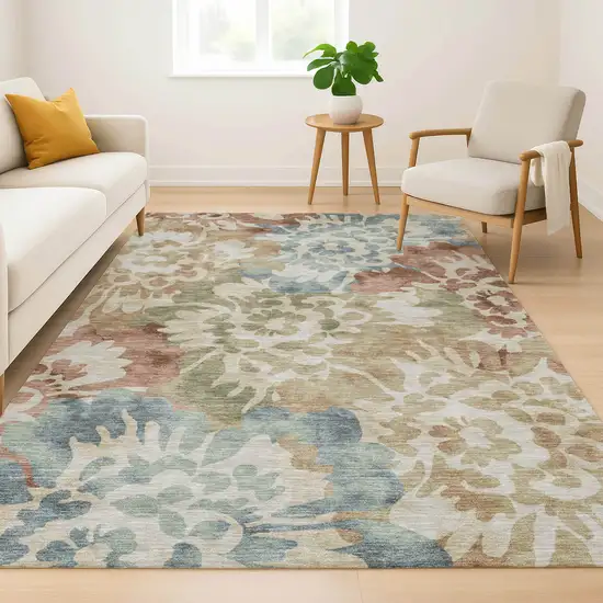 Rust And Blue Floral Washable Area Rug With UV Protection Photo 6