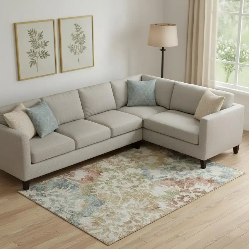 Rust And Blue Floral Washable Area Rug With UV Protection Photo 2