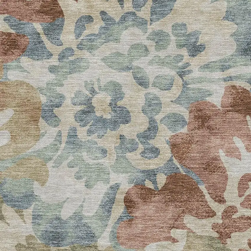 Rust And Blue Floral Washable Area Rug With UV Protection Photo 3