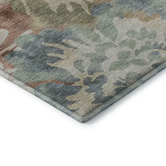 Rust And Blue Floral Washable Area Rug With UV Protection Photo 7