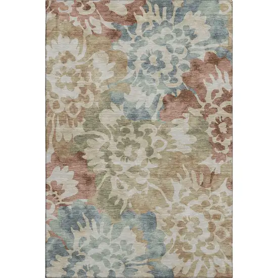 Rust And Blue Floral Washable Area Rug With UV Protection Photo 1