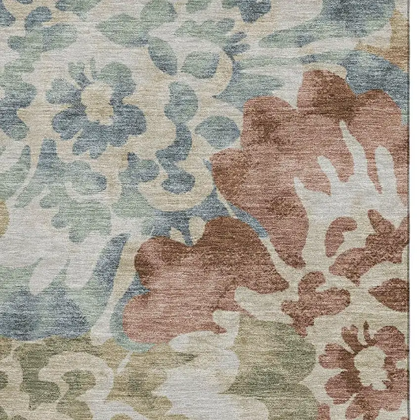 Rust And Blue Floral Washable Area Rug With UV Protection Photo 3
