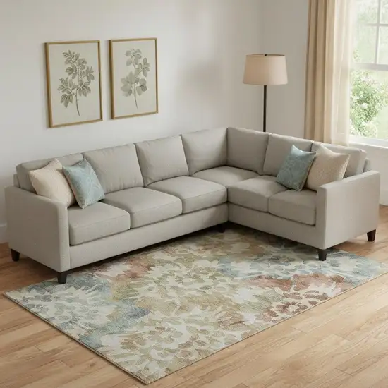 Rust And Blue Floral Washable Area Rug With UV Protection Photo 2