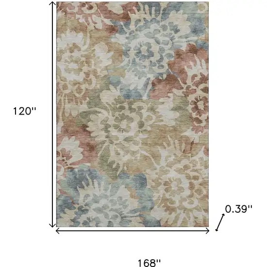 Rust And Blue Floral Washable Area Rug With UV Protection Photo 9