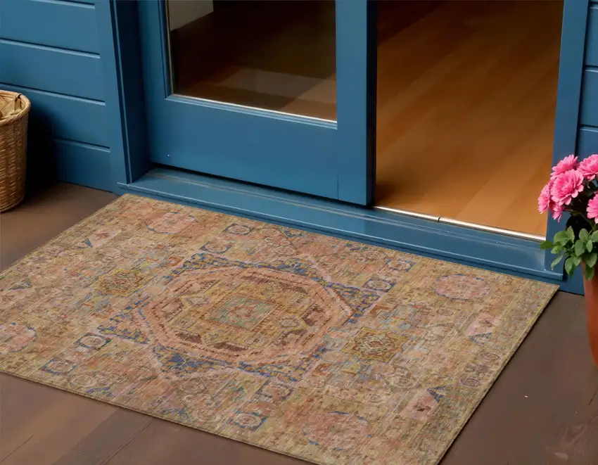 Rust And Blue Medallion Washable Indoor Outdoor Area Rug Photo 2