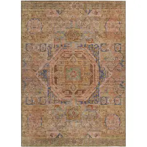 Photo of Rust And Blue Medallion Washable Indoor Outdoor Area Rug