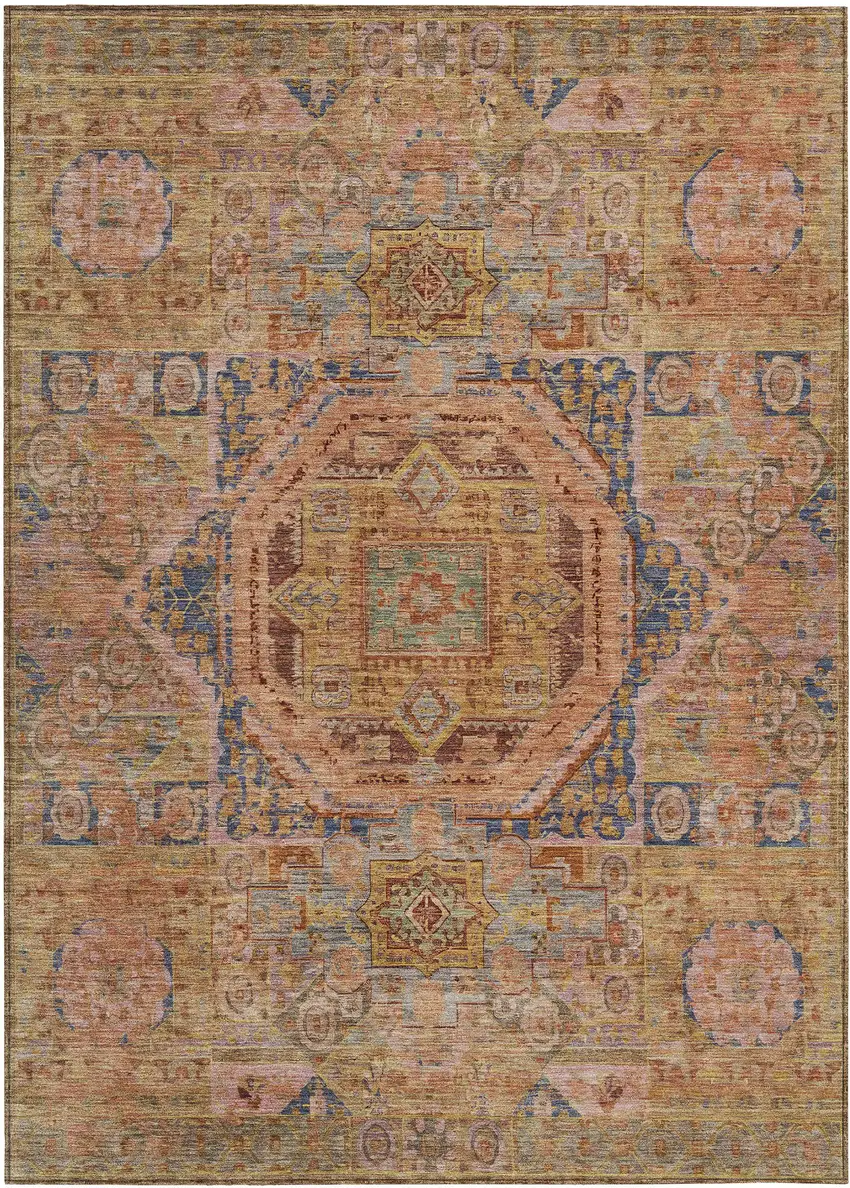 Rust And Blue Medallion Washable Indoor Outdoor Area Rug Photo 1