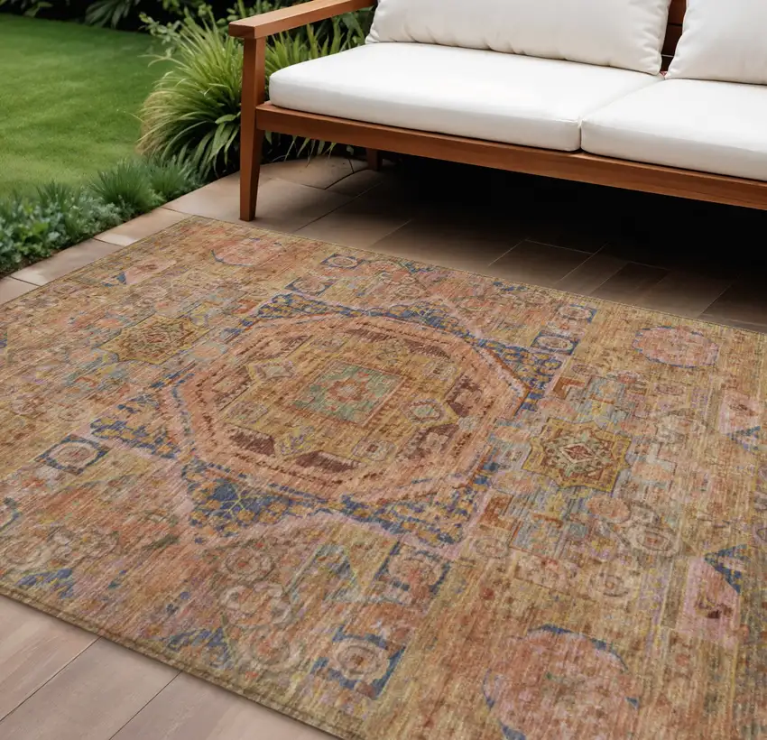 Rust And Blue Medallion Washable Indoor Outdoor Area Rug Photo 2