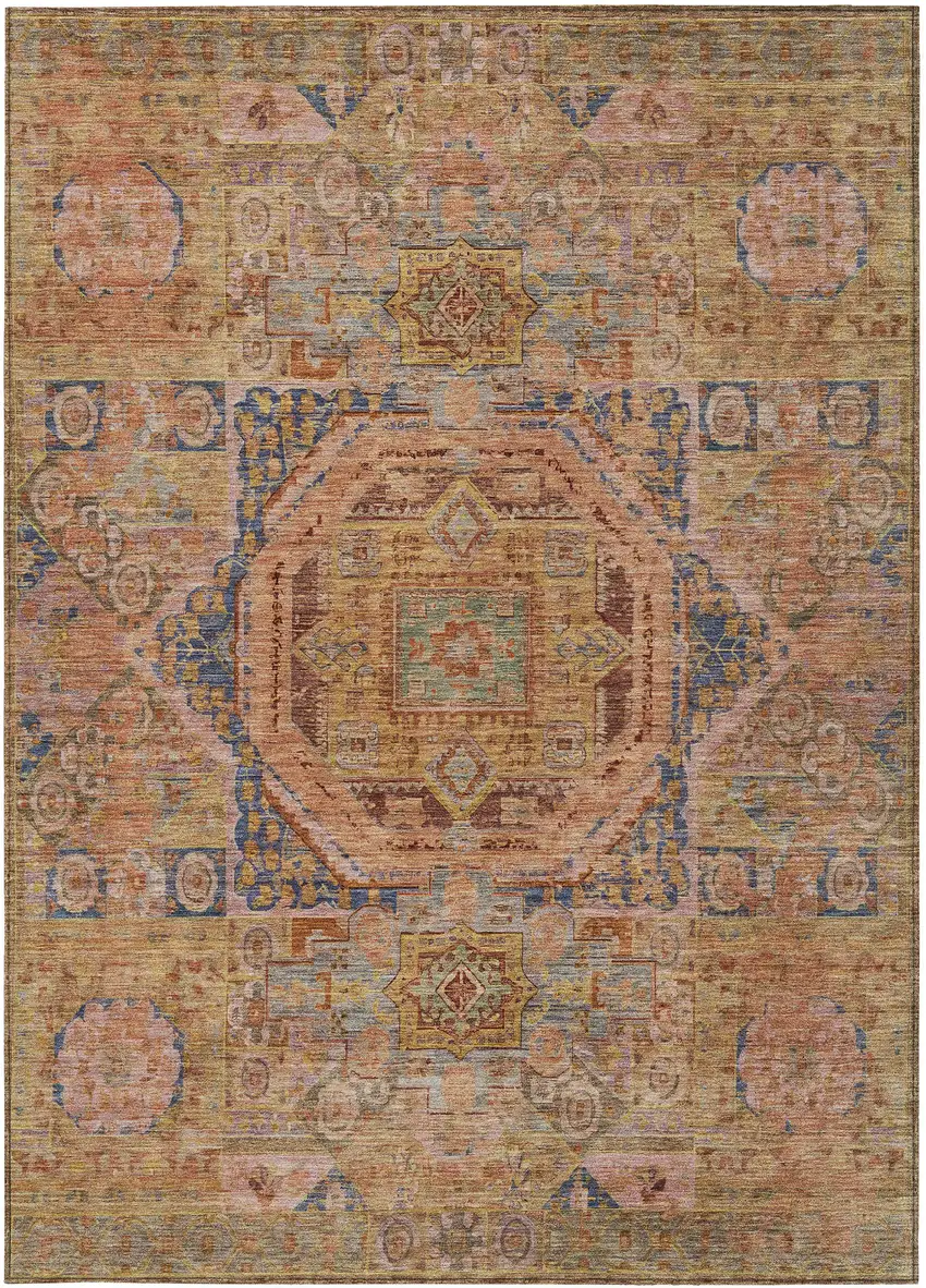 Rust And Blue Medallion Washable Indoor Outdoor Area Rug Photo 3