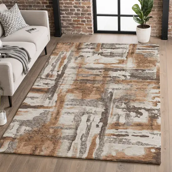 Rust And Brown Abstract Washable Area Rug With UV Protection Photo 5