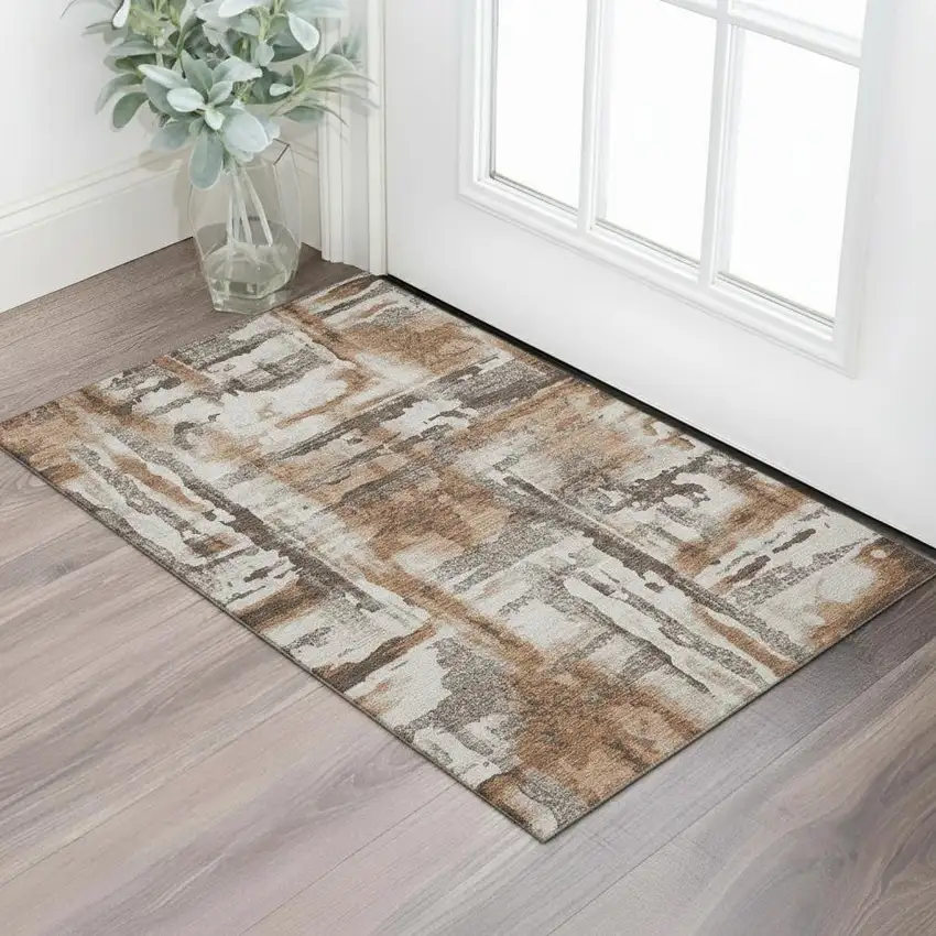 Rust And Brown Abstract Washable Area Rug With UV Protection Photo 2