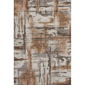 Photo of Rust And Brown Abstract Washable Area Rug With UV Protection