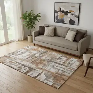 Photo of Rust And Brown Abstract Washable Area Rug With UV Protection