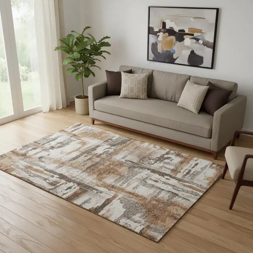 Rust And Brown Abstract Washable Area Rug With UV Protection Photo 2