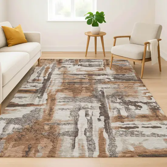 Rust And Brown Abstract Washable Area Rug With UV Protection Photo 6
