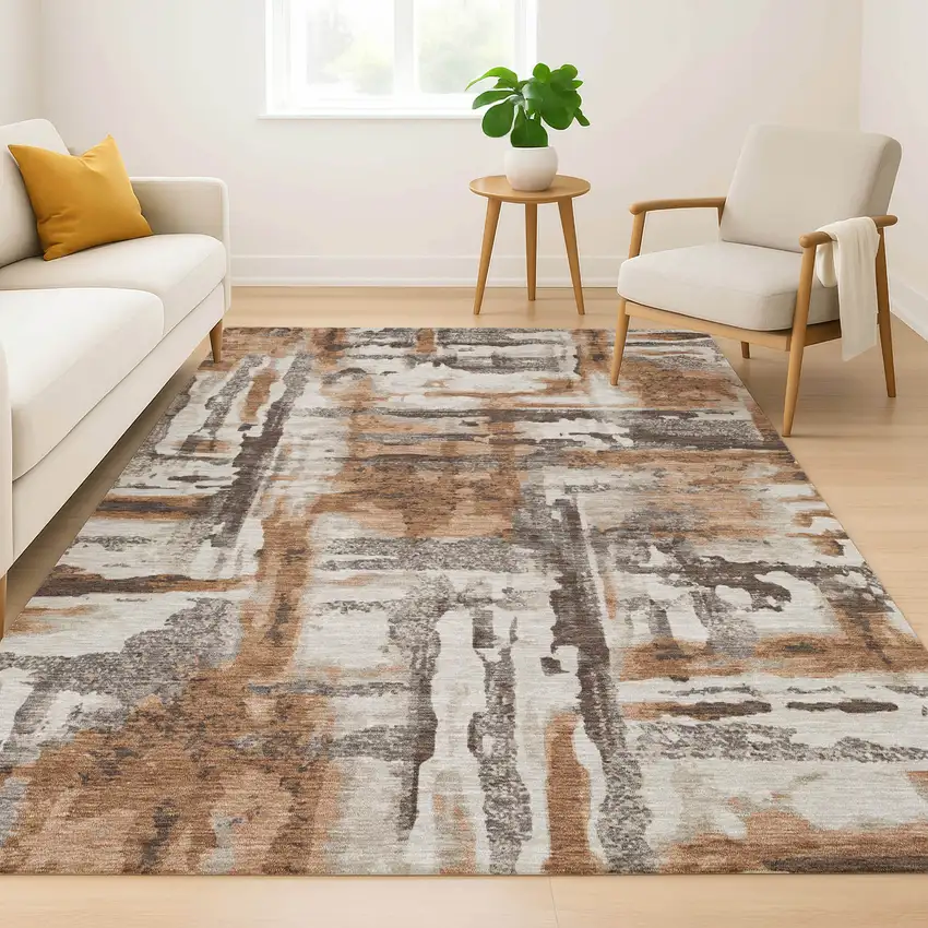 Rust And Brown Abstract Washable Area Rug With UV Protection Photo 6