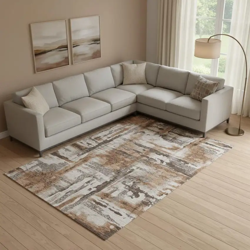 Rust And Brown Abstract Washable Area Rug With UV Protection Photo 2