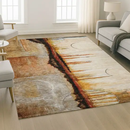 Rust And Charcoal Abstract Washable Area Rug With UV Protection Photo 2